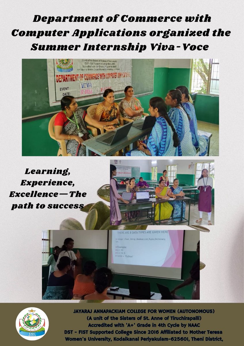 JayarajFor's tweet photo. The Department of Commerce with Computer Applications successfully organized the Summer Internship Viva-Voce on 17 &amp; 18 July 2026 at Classroom J08, encouraging students to present their internship experiences and professional learning with confidence. https://t.co/K1CGxqwtHe