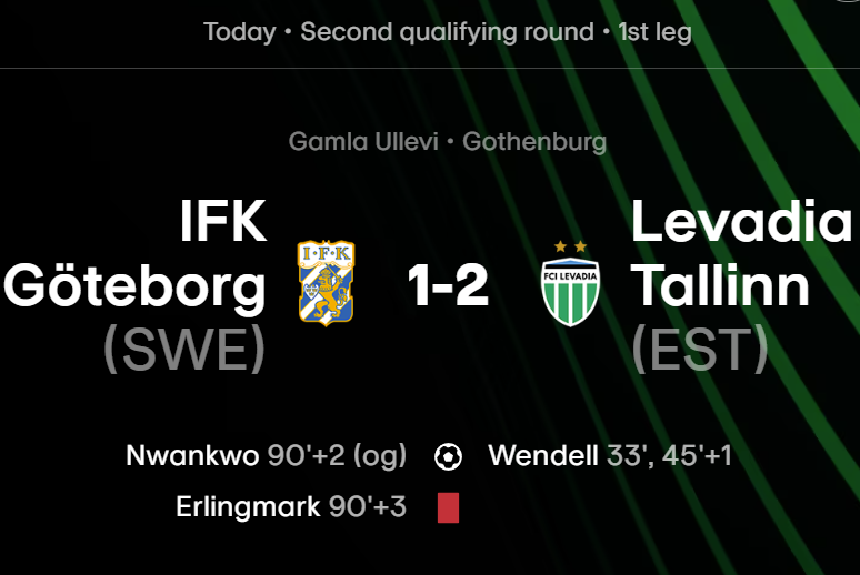FootRankings's tweet photo. 💥 🇪🇪 Levadia Tallinn opened the Conference League - QR2 with a surprise 2-1 win at 🇸🇪 IFK Göteborg!

😲 🇸🇪 IFK Göteborg with a poor comeback to European competitions, as they played their first European match since 2020. https://t.co/uvz4HdWdmF