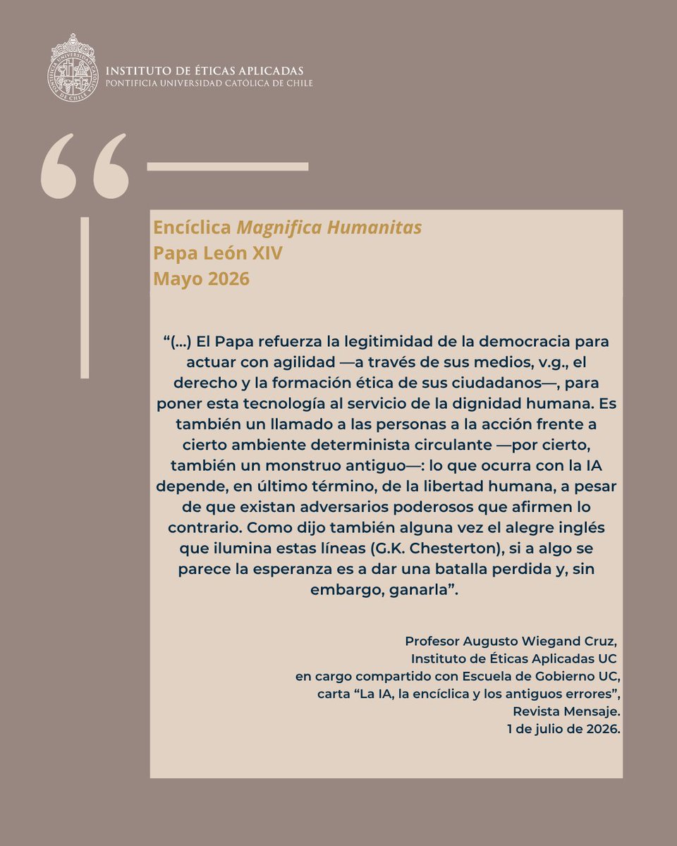 EticaAplicadaUC's tweet photo. 📲 Compartimos la carta “La IA, la encíclica y los antiguos errores” del académico de #ÉticasAplicadasUC en cargo compartido con @GobiernoUC, Augusto Wiegand, en la que se refiere al aporte al debate sobre la #IA de la encíclica #MagnificaHumanitas 

🔗https://t.co/xZfPzbCjuQ https://t.co/3vDEd6Aoz4