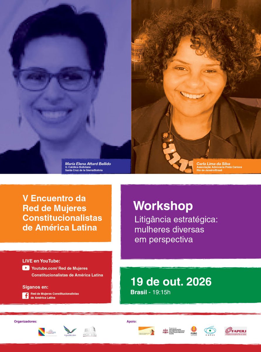 redccal's tweet photo. V Encuentro de la Red de Mujeres Constitucionalistas de América Latina
📆 Fecha: 19/10/2026 a 21/10/2026.
♦️Lugar: Facultad Nacional de Derecho de la Universidad Federal de Río de Janeiro - Brasil 🇧🇷 

📌Inscripciones gratuitas en: https://t.co/9SK3tRUG6L
⬇️ https://t.co/64HE0ALwEq