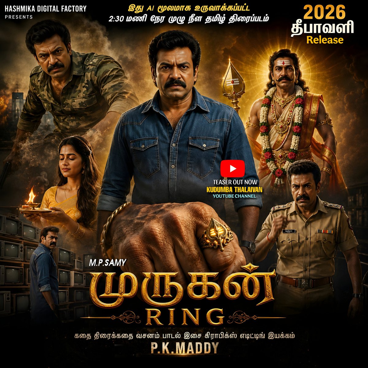 actorpkmaddy's tweet photo. 🎬🔥 Murugan Ring 💍🔱 AI Full Length Movie (2:30 Hours) | First Look

🔥 2026 தீபாவளி வெளியீடு

🎬 கதை • திரைக்கதை • வசனம் • பாடல் • இசை • கிராபிக்ஸ் • எடிட்டிங் • இயக்கம்: P.K.Maddy

🦚 #MuruganRing #MuruganRingMovie #AITamilMovie #TamilMovie 

@Kudumbathalaivan https://t.co/72HUTrCVZR