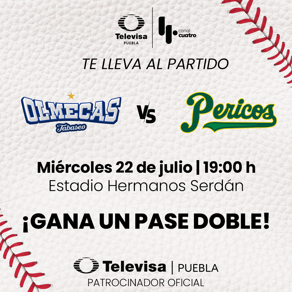 TelevisaPuebla's tweet photo. 🔥🎟️¡Televisa Puebla te lleva al juego 3 entre Olmecas y @Pericos_Oficial ! ⚾️ Síguenos, dale ❤️, RT y dinos con quién asistirás al partido. ⏰Tienes hasta las 10 am del miércoles 22 para participar.
📺Televisa Puebla, patrocinador oficial. https://t.co/IhO56spwN2
