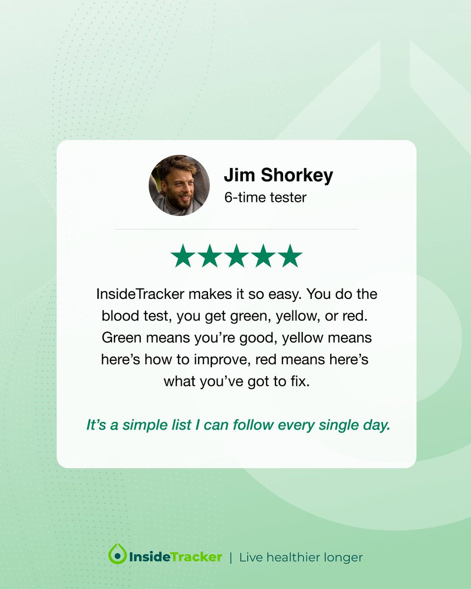 InsideTracker's tweet photo. Living your healthiest life can be simple. Take it from Jim, a 6-time tester, who shares how we translate your personal health data into easy green, yellow and red signals.

Are you ready to know what your blood can reveal about your health? Get started: https://t.co/rRAa7rFO1d https://t.co/bxj9Vw5flr