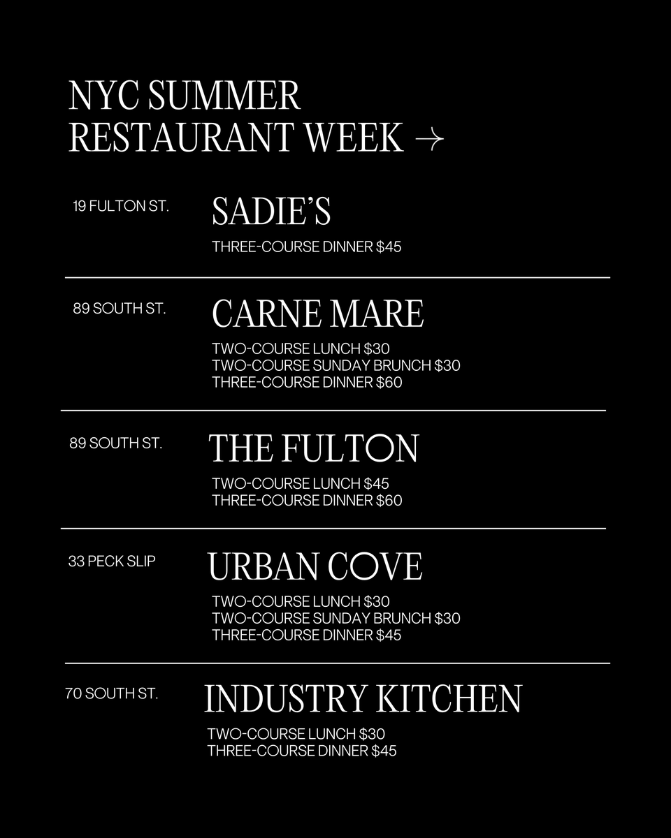 TheSeaportNYC's tweet photo. NYC Restaurant Week is back! From Now–August 16, enjoy prix-fixe lunches and dinners at some of your favorite restaurants. 

More details ➤ https://t.co/8l7xd8SkJv
#TheSeaport https://t.co/y1Pnl0mYiG