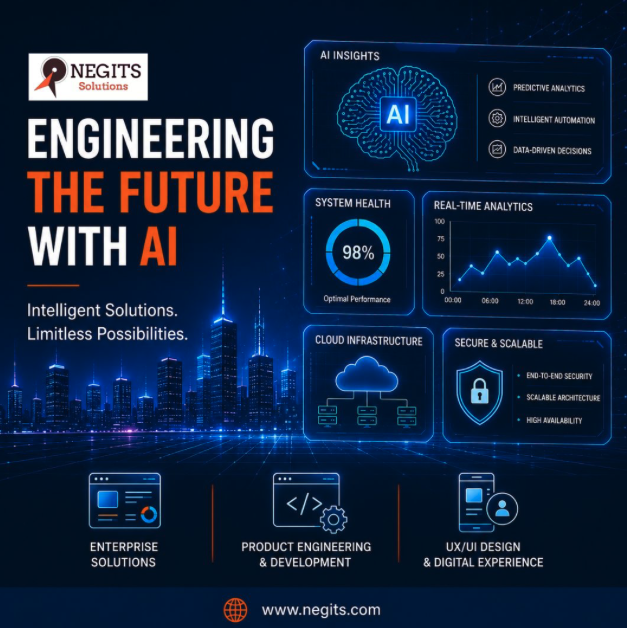 NegitsSolutions's tweet photo. At Negits Solutions, we help businesses embrace the future through intelligent engineering and digital innovation. From Automotive and Enterprise Systems to AI, we build scalable, secure, and future-ready solutions that empower organizations to innovate with confidence. https://t.co/OiF9q7lIDF
