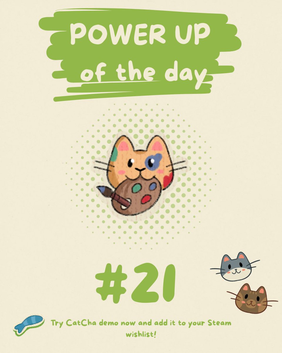 ClawGamesPro's tweet photo. New Day! #CatChaDailyPowerup DAY #21! 
Meet a cat artist, he’s cute and as a painter he will give 2 Mult for each paint brush used!
Link in thread for Steam page and Demo!
#indiedev #indiegame #cats #roguelike #deckbuilder https://t.co/41S5VSDHPH