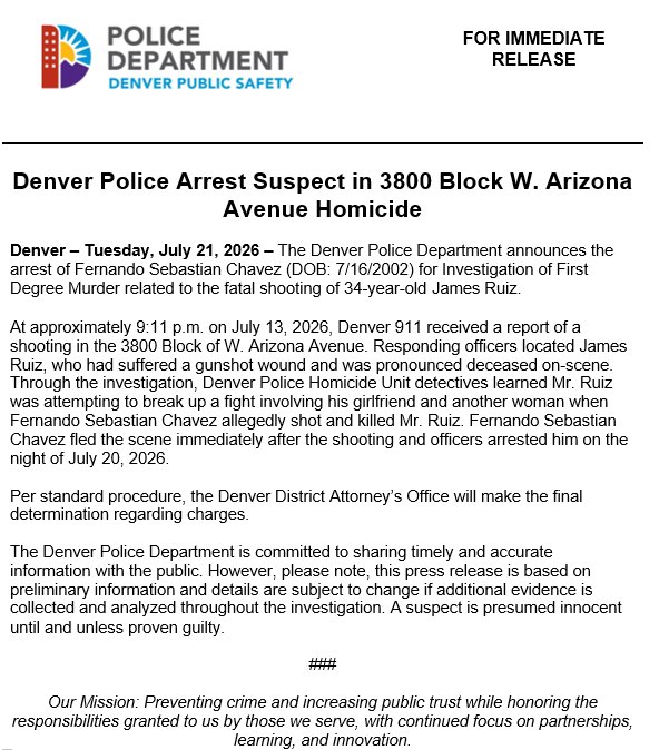 DenverPolice's tweet photo. RELEASE: #Denver Police Arrest Suspect in 3800 block of W. Arizona Avenue Homicide https://t.co/LUSacLK7gq