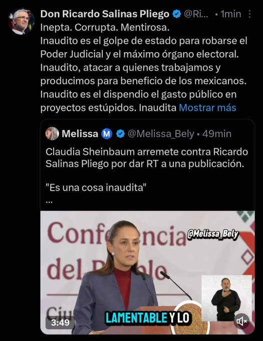 J4feT_25's tweet photo. Ricardo Salinas Pliego llama "inepta, corrupta y mentirosa" a la presidenta @Claudiashein.

Cuando ella no ha llevado a la quiebra empresas como él, no es investigada en EE.UU por deudora como él con los acreedores de Tv Azteca ni miente con una invitación de Trump como él que tuvo que pagar para poder ir a una cena en la Casa Blanca.

¿Por qué no se larga con sus negocios a Argentina entonces? con su amigo Milei.