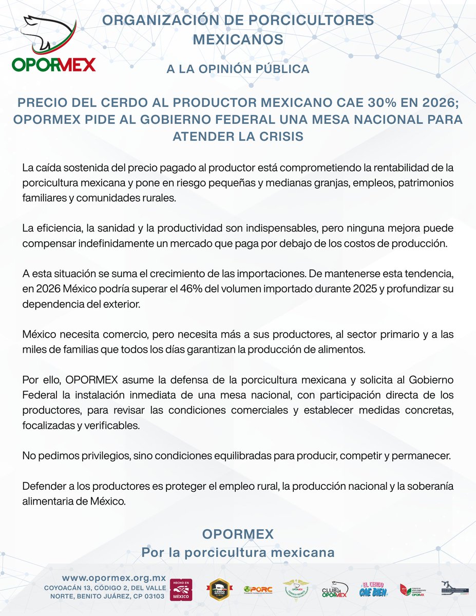 Opormex_org's tweet photo. Posicionamiento Opormex || A la opinión pública.

@Claudiashein @Agricultura_mex @columbalopezg @SE_mx @m_ebrard @Hacienda_Mexico @Edgar_Amador_Z https://t.co/u6TuhUg0L6