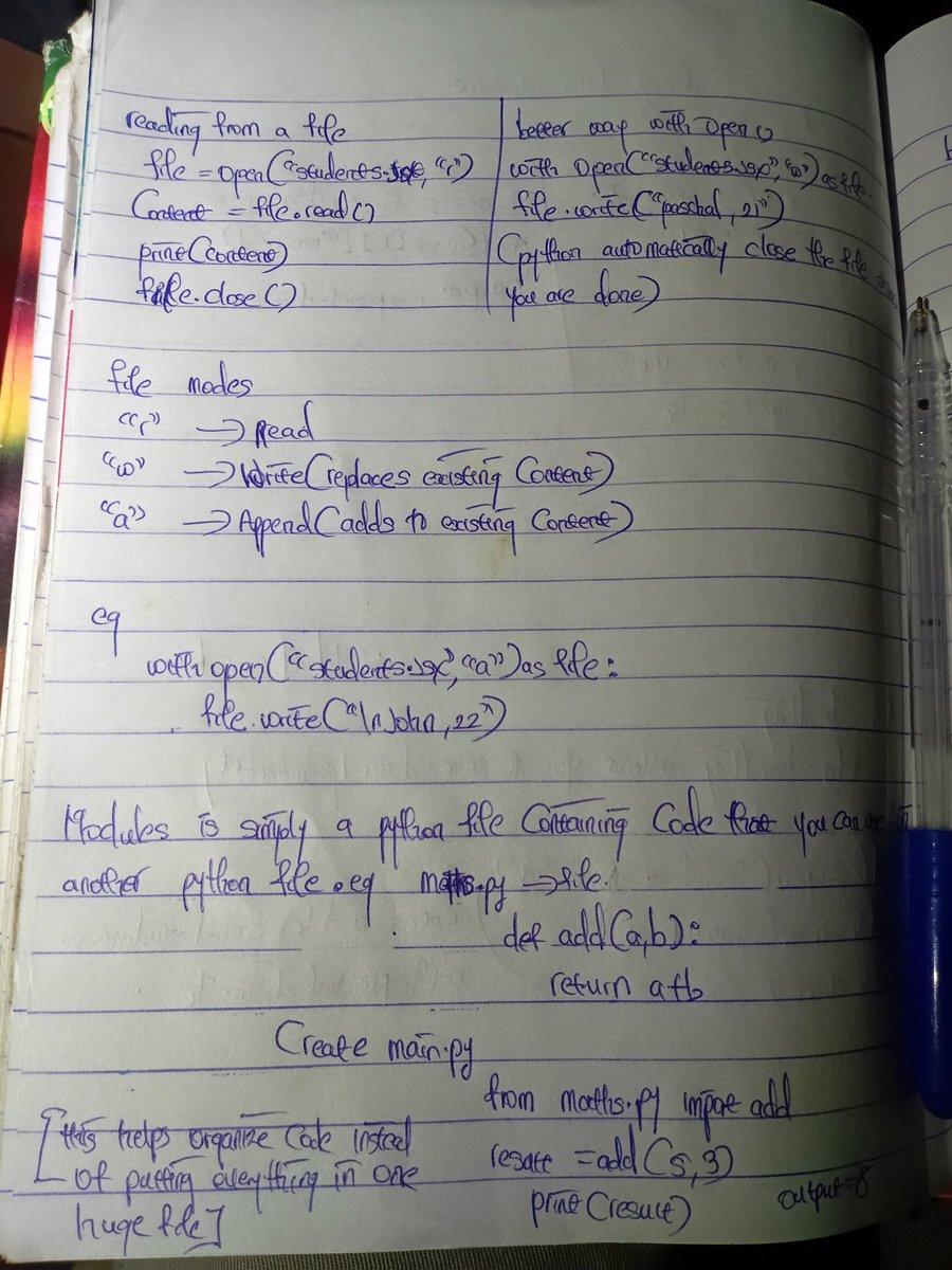 Oc_paschal_code's tweet photo. Day 6 Learning Backend (Python) 

Today, I learned about file handling and modules in Python.

 I learned how to read from and write to files, use different file modes, import modules, and use Python's built-in modules like random and math.

I also learned how to organize code into different files instead of putting everything in one file.