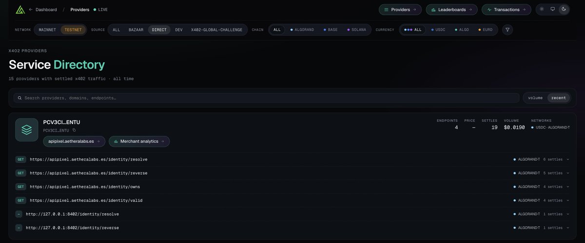 FunkyRaccoons's tweet photo. 🎉 Pixel Identity API is now live in @GoPlausible's x402 Service Directory! Pay-per-request identity for @Algorand — resolve &amp; verify .pixel and .algo names, settled in USDC, fully gasless. 

Every lookup is a real on-chain micropayment 👇 #X402 #TesNet https://t.co/yljRRZsMoO