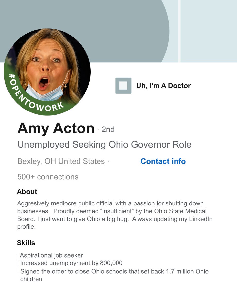 ohiogop's tweet photo. Amy Acton: #OpenToWork https://t.co/CViOGMAgfM