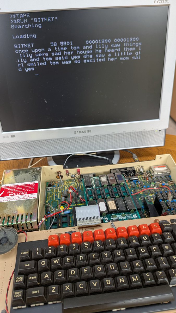 MattBeton's tweet photo. I built a 50k parameter language model to run on an 8-bit 6502 processor from 1975. It learnt to spell words and construct basic grammar!

The model is build on a Mamba backbone (attention’s KV cache not fit in 32KB of memory) with a character-level tokenizer.

The MOS-6502 doesn’t have a ‘multiply’ instruction - only 8-bit integer addition. I therefore used ternary weights to reduce matrix multiplication to a series of add/subtracts operations.

Technical write-up here: https://t.co/xbDzoMZtnm
Source code: https://t.co/Dyv2ejhhst