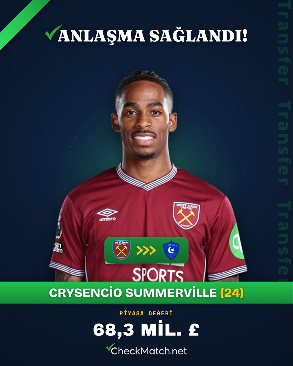 CheckMatch_tr's tweet photo. 🚨ANLAŞMA SAĞLANDI!
Al-Hilal, West Ham'ın 24 yaşındaki kanadı Summerville için 68.3M£ ödüyor.
Sağlık kontrolü bekleniyor, resmiyet an meselesi. (ESPN, BBC Sport)

⚽ #Transfer #AlHilal
📲 https://t.co/sf1e81WpBp https://t.co/af0Qhpt3Wc