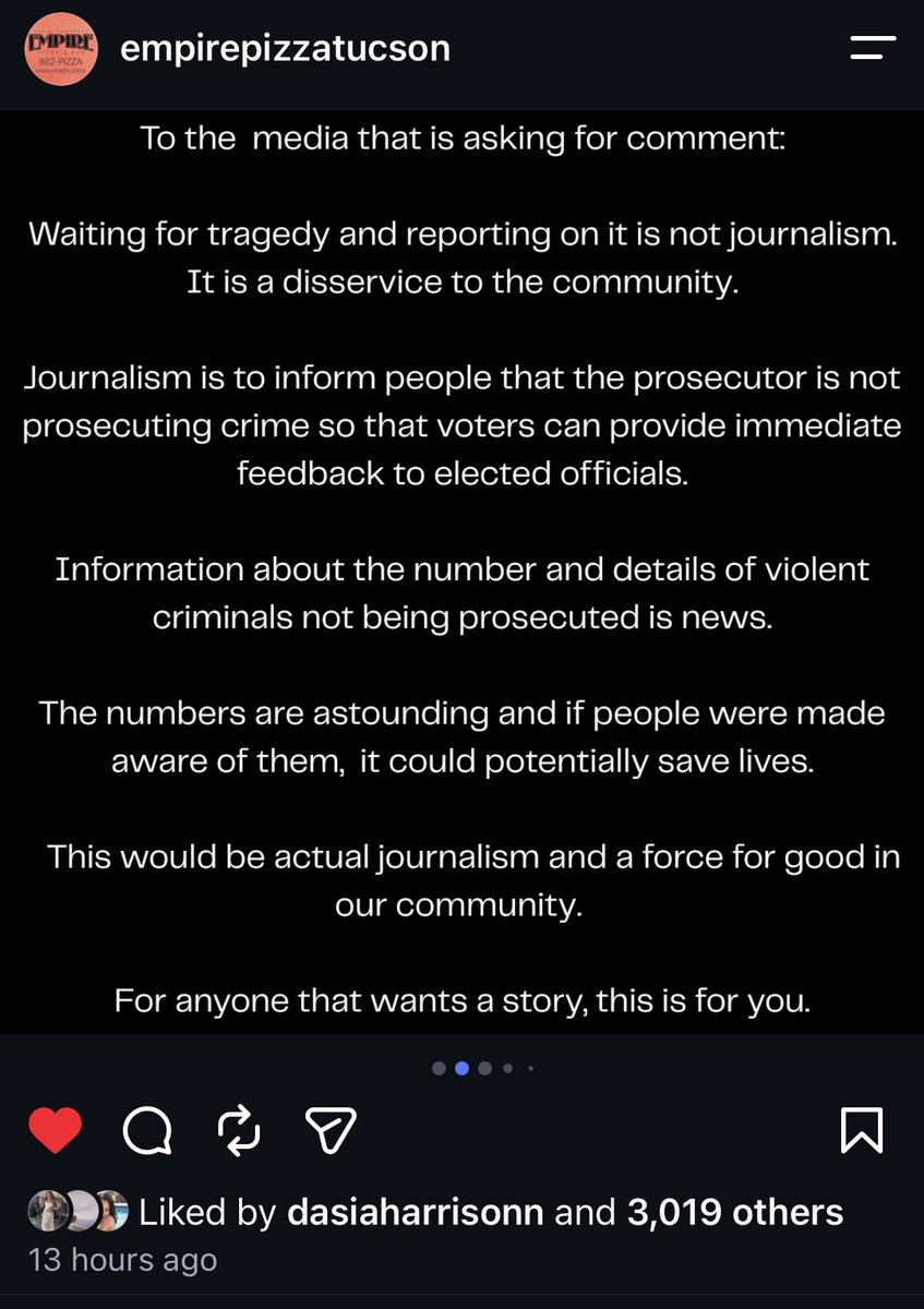 TmzTucson's tweet photo. Empire Pizza spoke out after the tragic incident this weekend. They shared their thoughts about crime in Tucson and suggested some solutions. We really appreciate them giving us a shout out in the comments 🫶🏽 🍕 https://t.co/h2rLnU38QL