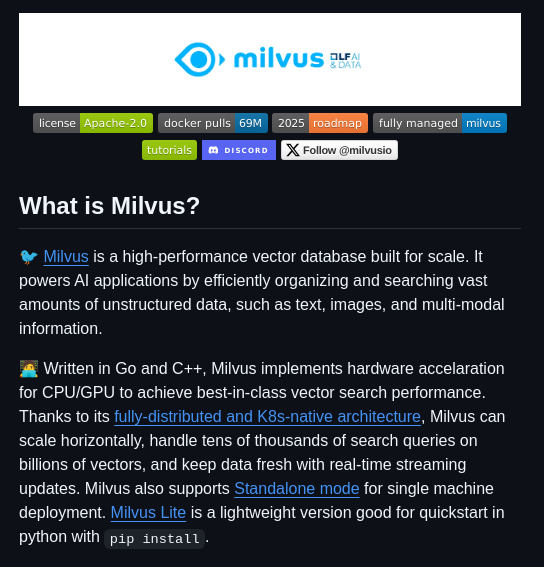 DanKornas's tweet photo. Need one retrieval layer for semantic search, full-text search, and metadata filtering?

Milvus is an open-source vector database for AI engineers building RAG, semantic search, multimodal search, and recommendation systems.

It helps you organize and search unstructured data by storing vectors alongside scalar fields, then combining vector search with metadata filters, full-text search, or hybrid retrieval.

Key features:

• Dense and sparse retrieval – supports semantic vectors, BM25 full-text search, and learned sparse embeddings.
• Hybrid search – stores dense and sparse vectors together and can rerank results from multiple searches.
• Multiple index types – includes HNSW, IVF, FLAT, SCANN, DiskANN, and quantized variants.
• Flexible deployment – runs as Milvus Lite, on one machine in Standalone mode, or in a distributed, Kubernetes-native architecture.
• Access controls – includes user authentication, TLS encryption, and role-based access control.

It’s open-source (Apache 2.0 license).

Link in the reply 👇