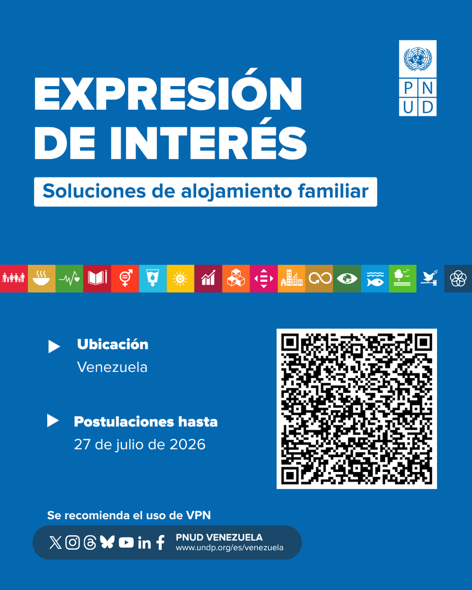 PNUDVenezuela's tweet photo. El @PNUDVenezuela invita a los proveedores interesados y elegibles a presentar una Expresión de Interés respecto a soluciones de alojamiento familiar transitorio.

Postula en: https://t.co/ejeBs9VJPR https://t.co/jUv5HJqTCT