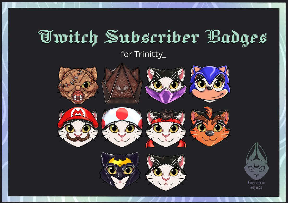tinctoriashade's tweet photo. Twitch sub badges for /trinitty_ 
we came up with the idea to draw their cat as if she was cosplaying game characters, they were so fun to make 

Thank you for commissioning me! 💚 https://t.co/7jud5lvjLw