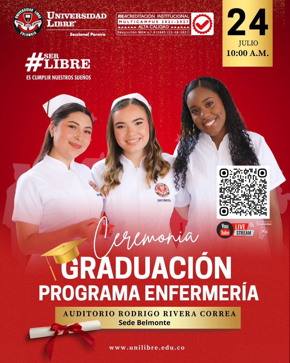 Ulibre_pereira's tweet photo. 🎓❤️ #SERLIBRE es alcanzar metas, superar desafíos y celebrar los logros que marcan nuestra historia.
La Unilibre Pereira se complace en invitar a la Ceremonia de Graduación del Programa de Enfermería, un espacio para exaltar el compromiso y la excelencia de nuestros graduandos. https://t.co/LYIHlACI3g