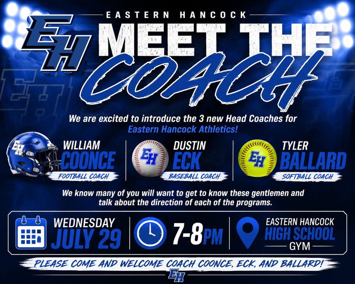 EHSportsNetwork's tweet photo. Meet the Coach Night! William Coonce will be our football coach, Dustin Eck will be our baseball coach, and Tyler Ballard will be our softball coach. Meet the Coach will be Wed, July 29 from 7-8pm in the high school gym. Please come and welcome Coach Coonce, Eck, and Ballard! https://t.co/lzn4iexcL7
