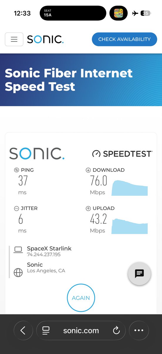 tbudesheim's tweet photo. Seconds after takeoff from SFO on a @united flight equipped with @SpaceX Starlink—really incredible! Internet on planes has finally come out of the stone age ( thank you @sonic for offering an ad-free Speedtest! ) https://t.co/ZVebqVv8LV
