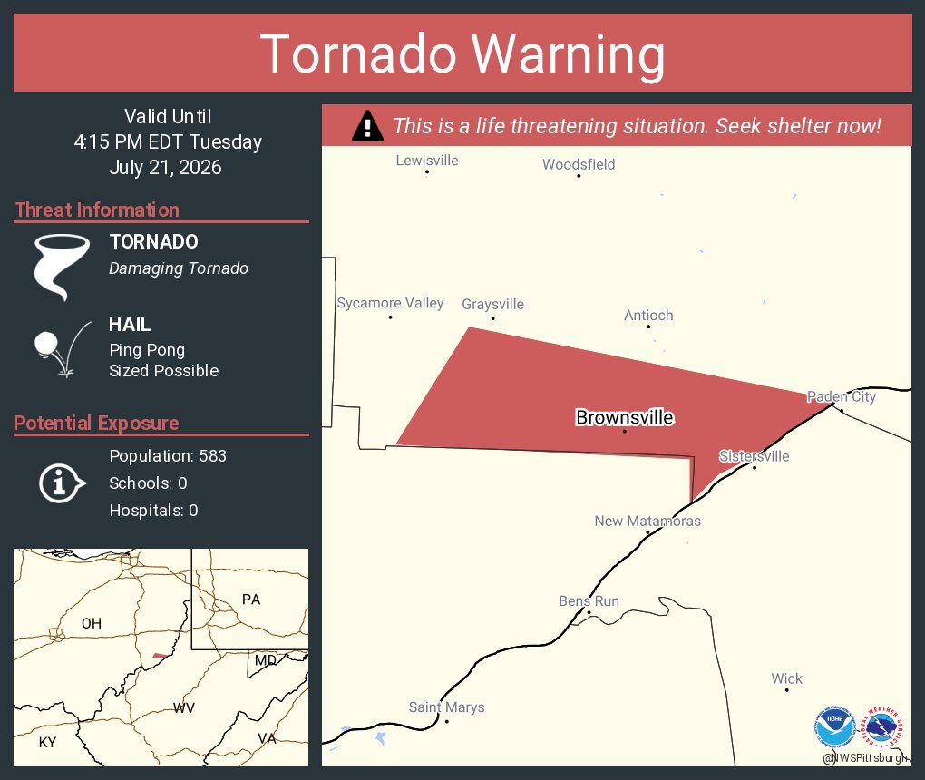 NWStornado's tweet photo. Tornado Warning continues for Brownsville OH until 4:15 PM EDT https://t.co/XiTaQCrDnu