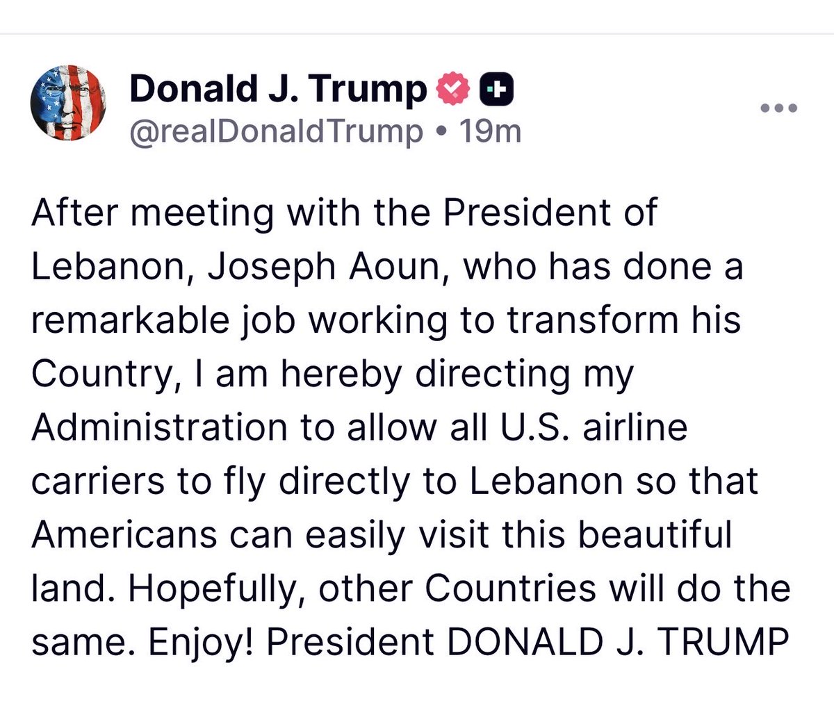HarbTom's tweet photo. The phoenix bird is coming out.

41 years ago, President Reagan made a decision to suspend direct flights between Lebanon and the U.S. , Hezbollah was on the rise, taking hostages, killing Americans and Lebanese alike.

Today, President Trump just directed U.S. airlines to resume direct flights to Lebanon. Why now? Because Hezbollah is being crushed by Israel, and its grip is finally breaking with the help of the Trump’s administration.

Thank you, President Trump.

And a long-overdue thank you to Adib Kassis, MEA’s Director for North America, who never stopped lobbying for this through every single U.S. administration, for 41 years. This day came . 🙏🙏