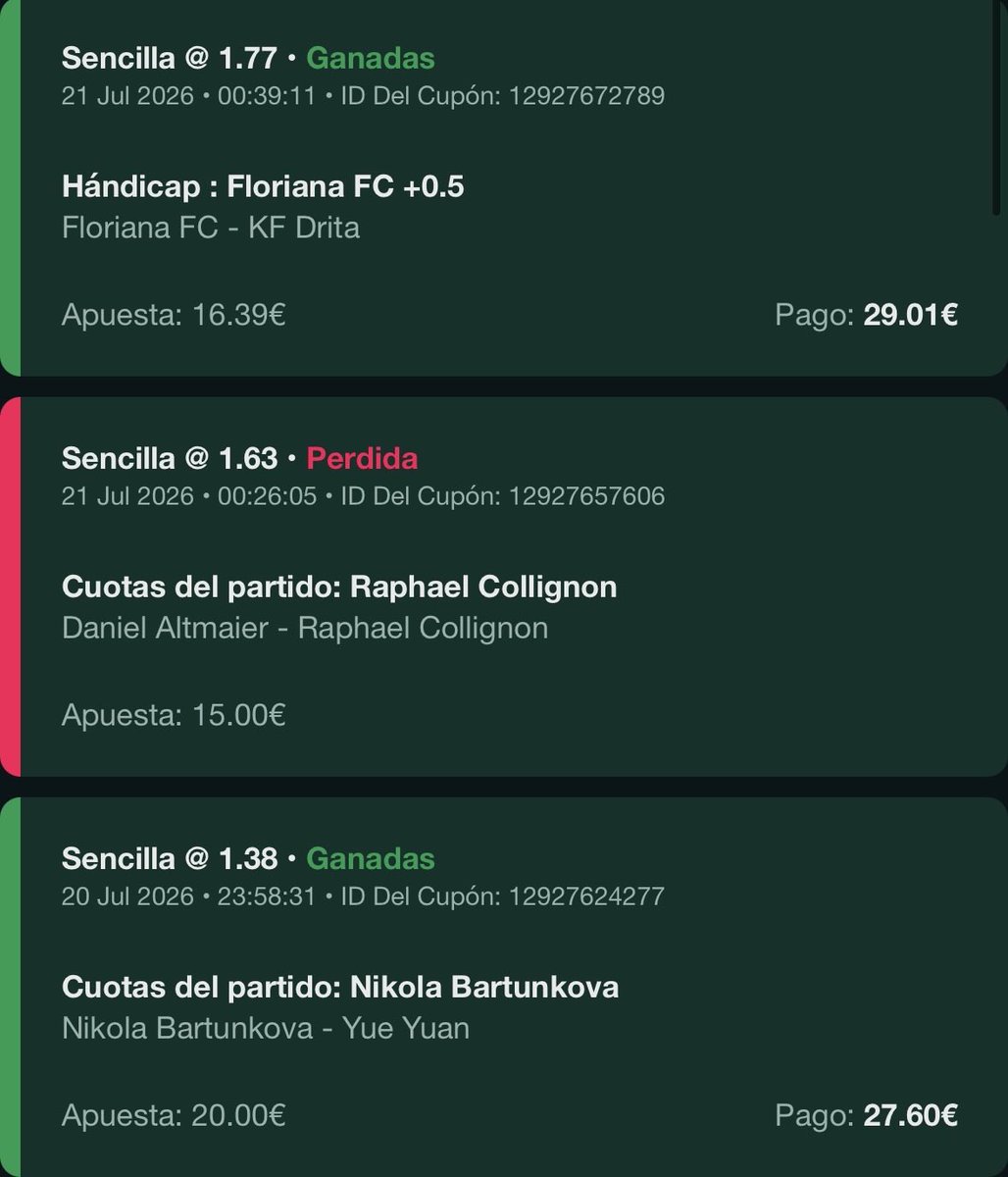 laelitetip's tweet photo. ✅ Sascha Gueynard +5,5 + Kraus~ 1,72 un
✅ Noma noha + Tiago Pereira +5,5~ 1,72 un
✅ Más de 1,5 goles (Live)~ 2,32 un
🙅🏻‍♂️Valkyries ~ - 2 un
🙅🏻‍♂️Collignon ~ -3 un
🙅🏻‍♂️Hearts +1,5~ -8 un

Otro día donde sumamos. Vamos a acabar el mes como toca y intentar llegar a los 1.000€ de bank https://t.co/Eb5GoF3Fc7