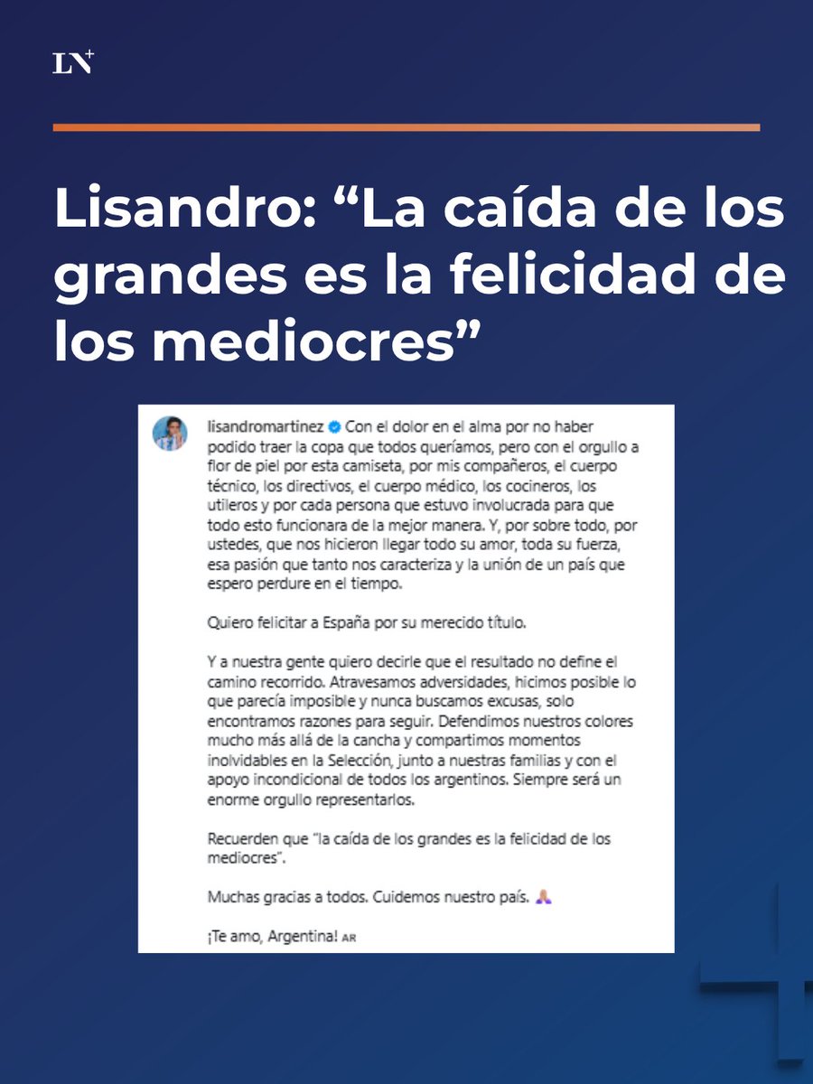 lanacionmas's tweet photo. 💬 "La caída de los grandes es la felicidad de los medriocres"

El posteo de Lisandro Martínez en medio de la campaña global contra Argentina y las acusaciones de racismo. 

📌 En LN+ https://t.co/tOWGiAZYpv