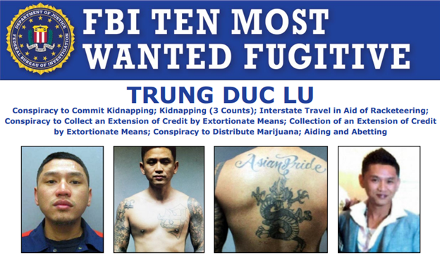 FBIPhiladelphia's tweet photo. WANTED BY THE FBI: The FBI is offering a reward of up to $1,000,000 for info leading directly to the arrest of Trung Duc Lu, wanted in connection with the August 2014 torture, kidnapping, and murder of two Vietnamese brothers in Philadelphia: https://t.co/wHaIEASM2M https://t.co/xoKmX43FGF