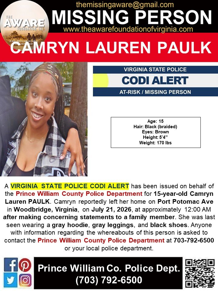 aware_the's tweet photo. 🚨 VIRGINIA CODI ALERT – PLEASE SHARE 🚨

The Virginia State Police have issued a CODI Alert on behalf of the Prince William County Police Department for 15-year-old Camryn Lauren Paulk.

📍 Last Seen: Around 12:00 a.m. on July 21, 2026, after leaving her home on Port Potomac Avenue in Woodbridge, Virginia, following concerning statements made to a family member.

Description:
• Gray hoodie
• Gray leggings
• Black shoes

⚠️ Camryn's family and law enforcement are concerned for her safety. Every share increases the chances that someone will recognize her and help bring her home safely.

📞 If you have any information about Camryn's whereabouts, contact the Prince William County Police Department immediately at 703-792-6500 or your local police department.

Please SHARE this post to help spread the word. ❤️

#CODIAlert #MissingJuvenile #MissingPerson #Virginia #WoodbridgeVA #PrinceWilliamCounty #VirginiaStatePolice #HelpBringCamrynHome #ShareToHelp