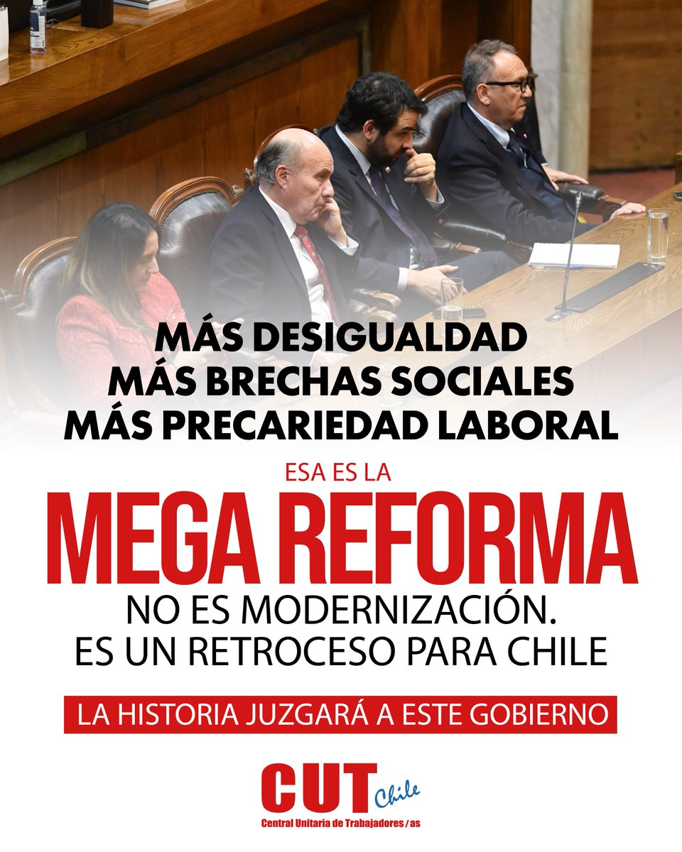 Cutchile's tweet photo. Después del río atmosférico, vendrá otro río atmosférico de precariedad laboral. 
La mega reforma aprobada por el Congreso aumentará la desigualdad, ampliará las brechas sociales y debilitará los derechos de las y los trabajadores. No es modernización, es un retroceso para Chile. 
La historia juzgará a este gobierno por haber optado por favorecer a los grandes intereses económicos por sobre el Trabajo Decente y la justicia social.

@adnradiochile @Cooperativa @biobio @uchileradio @radiousach @RNuevoMundo  @meganoticiascl  @24HorasTVN @T13 @CHVNoticias @CNNChile @PiensaPrensa @NYC_prensa @elmostrador @El_Ciudadano  @La_Segunda @latercera  @Pulso_LT  @DFinanciero @pagina19cl @elsiglochile @delosquesobran @Sindical_cl @ElMercurio_cl