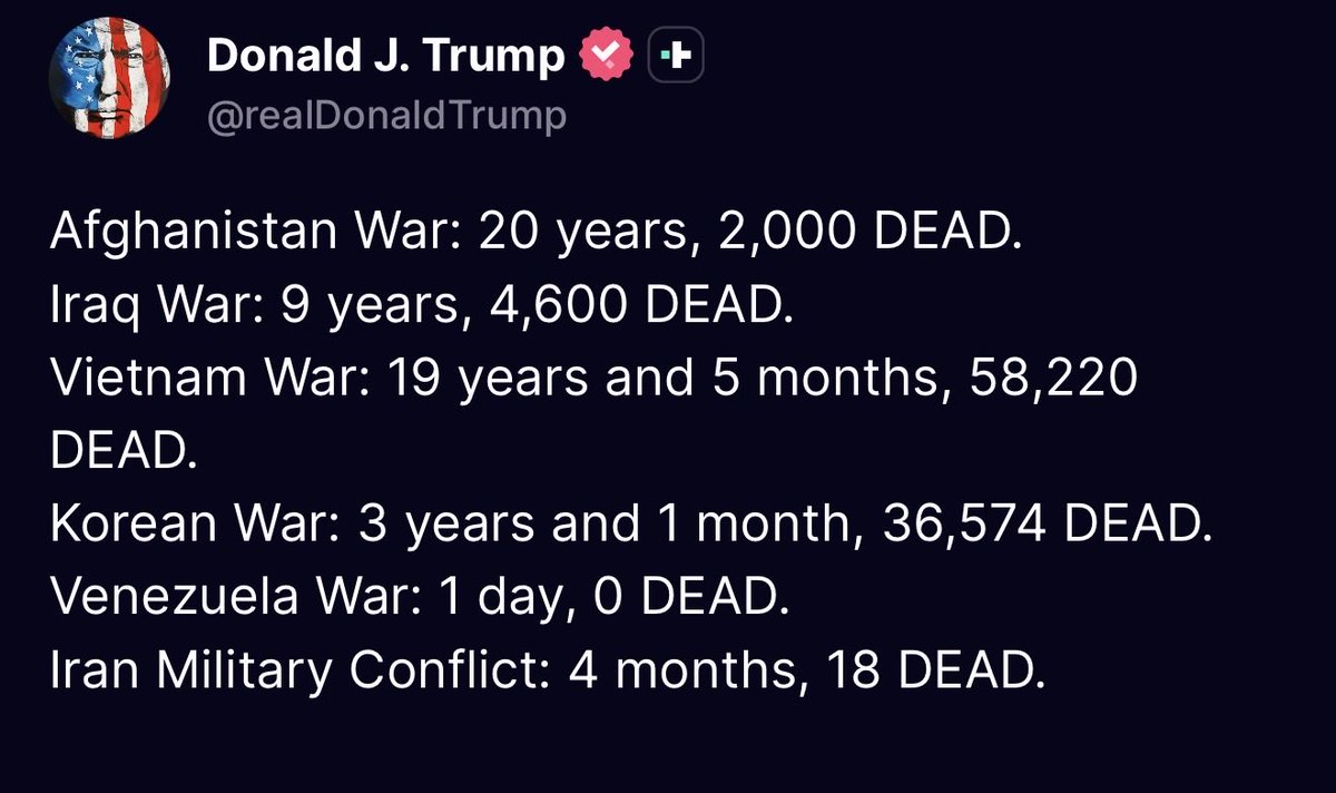 diyarkurda's tweet photo. President Trump claims the Iran military conflict has lasted four months, with 18 U.S. service members killed, compared with significantly higher American casualties in past wars, including Afghanistan, Iraq, Vietnam, and Korea. https://t.co/oovtwDMX97