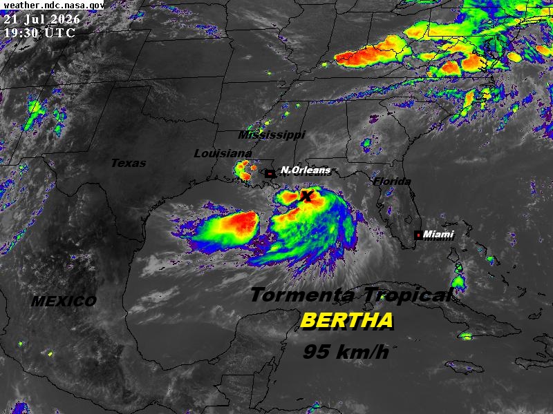 HenriquezMax's tweet photo. El centro de la tormenta tropical Bertha se localizaba cerca de la latitud 29.3 norte, longitud 86.3 oeste, moviendose hacia el nor-noroeste a una velocidad de 6 km/h y 95 km/h en su centro. Bertha se desplazará cerca de la costa norte del Golfo durante los próximos días. https://t.co/yb74Sn5iez