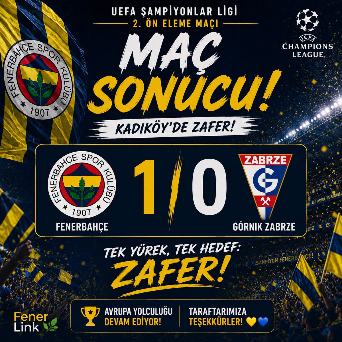 serverfener's tweet photo. MAÇ SONUCU! 💛💙

Fenerbahçe 1️⃣-0️⃣ Górnik Zabrze 

İlk resmi maç, ilk galibiyet! 👏

Sizce maçın yıldızı kimdi? ⭐👇

#Fenerbahçe #FenerLink https://t.co/VKWpParUPY
