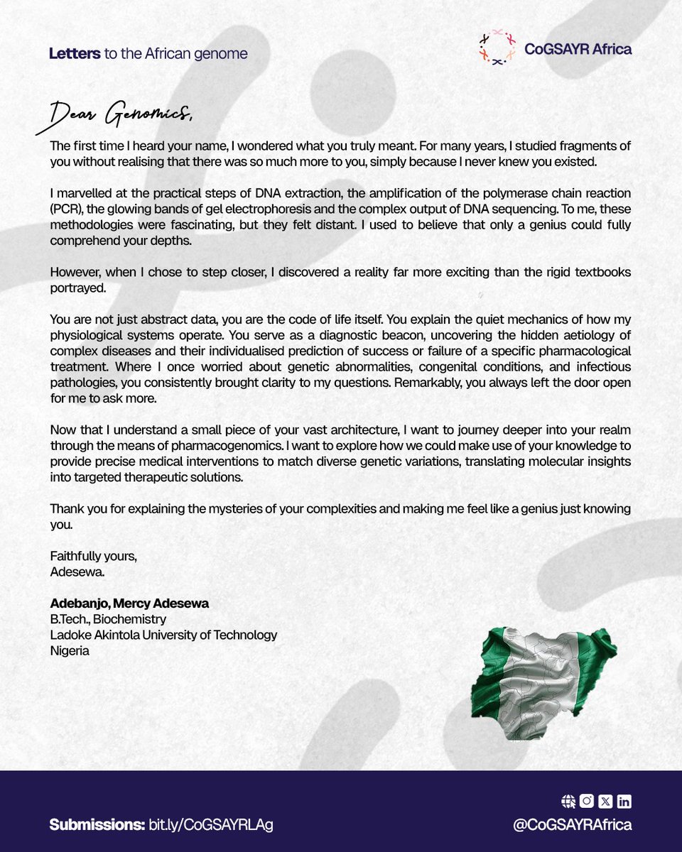 cogsayr_africa's tweet photo. Letter No. 8✍🏽

"I used to believe that only a genius could fully comprehend your depths... Thank you for making me feel like one just knowing you".

In our eighth letter, Adesewa writes about locked rooms, open doors and the pull toward pharmacogenomics.

https://t.co/fTQIusfmi7 https://t.co/9FJjrg8bRM