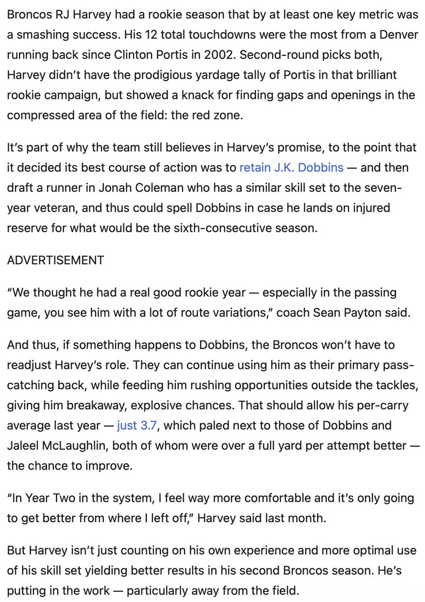 DhananiZain's tweet photo. On RJ Harvey:

Certainly sounds like Jonah Coleman is more likely that JK Dobbins handcuff (similar to previous reports), while Harvey has his own role

Harvey's role = Pass catching + some outside tackle rush opportunities

Unsure on Goal Line, but article references he was good there so I'd imagine a chance to retain those duties

Envisioning a similar split to when Dobbins was healthy