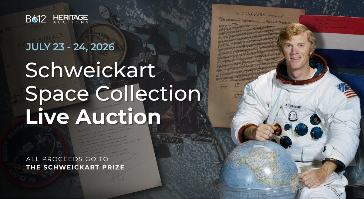 b612foundation's tweet photo. The #SchweickartAuction is happening this July 23–24. Participate LIVE and set up an account with @HeritageAuction to own a piece from #Astronaut #RustySchweickart’s collection. Proceeds support the #SchweickartPrize, helping advance planetary defense. https://t.co/9KpQDwKBrs https://t.co/1309iRgMpF