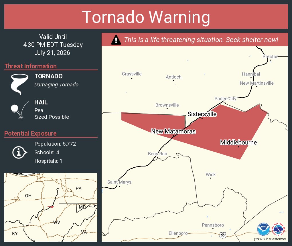 NWStornado's tweet photo. Tornado Warning continues for Sistersville WV, New Matamoras OH and  Middlebourne WV until 4:30 PM EDT https://t.co/3epIEGWQvB