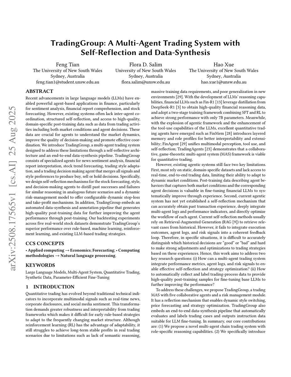 beamnxw's tweet photo. This paper completely changed how I think about self-correcting trading agents:

Execution trace → profit/loss labeling → experience summary → prompt injection → next decision → synthetic SFT dataset

Honestly, most llm trading setups lose track of what worked. This one remembers.

It stores every input, output, account state, and CoT, then builds reflection summaries from last 20 days.

Here is how it works:

/ trading-decision agent reviews past successes and failures before acting
/ style-preference agent adapts aggressive, balanced, conservative from PnL and holdings
/ forecasting agent merges sentiment, 10-K RAG, and technicals with reflection
/ auto pipeline filters positive reward_a and high w_hit samples for fine-tuning

Turns live trading history into training signal

Read the complete paper + article below

Bookmark it for future reference