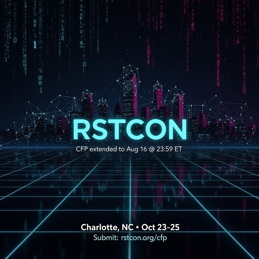 rst_con's tweet photo. RSTCON CFP extended to Aug 16 @ 23:59 ET

Several CFP submitters mentioned that DEFCON preparations were making their submission timelines difficult. We have pushed it back to ensure everyone can both enjoy DEFCON and submit to the CFP! No decisions required.

Charlotte NC, Oct 23 - 25.

Submit: https://t.co/BWz2fDpr57

#CyberSecurity #OTSecurity #CriticalInfrastructure #DEFCON