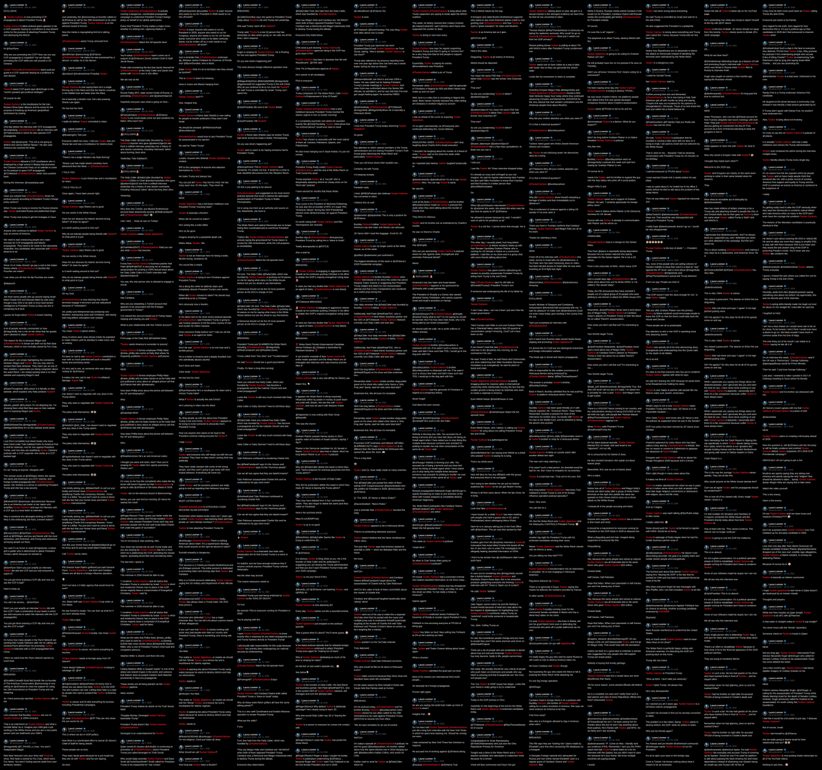 Wallface's tweet photo. Fixation Files vol. 2:
Laura Loomer on @TuckerCarlson. 1,387 posts lol
here's every single one https://t.co/Exk66Cfedh