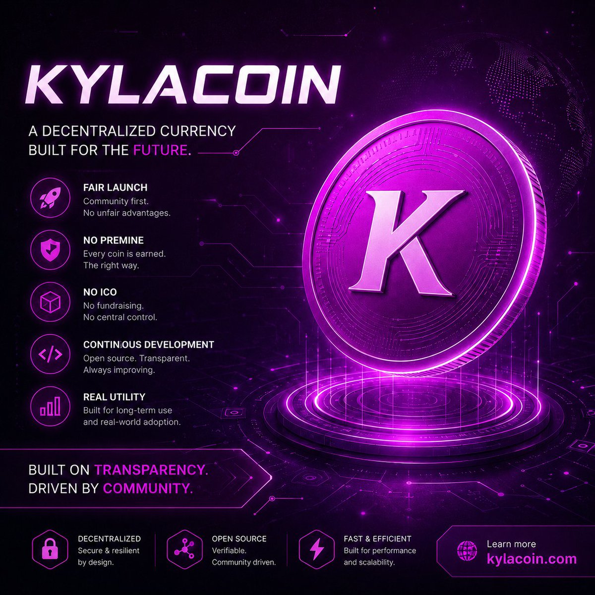 kylacoin's tweet photo. Kylacoin is built on transparency, open development, and community participation.

Fair launch.
No premine.
No ICO.

A decentralized network built for long-term growth.
$KCN #Kylacoin #KCN #Blockchain #Crypto #OpenSource #Decentralization https://t.co/sCZsh2rGvj