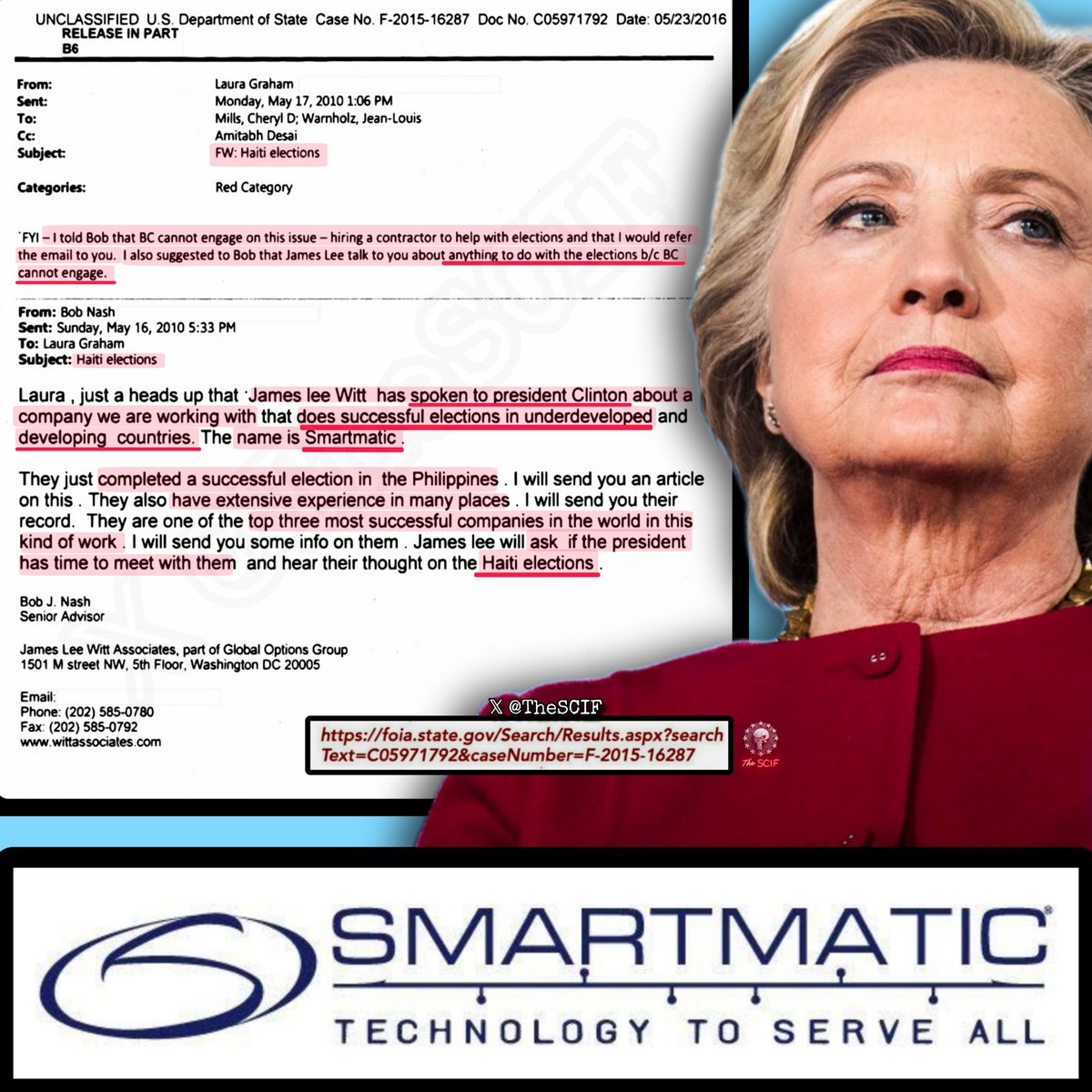 TheSCIF's tweet photo. Unclassified FOIA document exposes the Clintons working with a company who does "successful elections" in underdeveloped and developing countries. The name is SMARTMATIC. These are global regime change operations at the deep state's control.

"I told Bob that BC (Bill Clinton) cannot engage on this issue...I also suggest to Bob that James Lee talk to you about anything to do with the elections because BC (Bill Clinton) cannot engage."

"They just completed successful elections in the Philippines...they also have extensive experience in many places... James Lee will ask the president (Clinton) and hear their thought on the Haiti elections."

Remember, a SMARTMATIC executive fled the Philippines for bribery charges to the United States and another individual introduced SMARTMATIC machines to a county in Texas and coincidentally flipped the county blue after the machines were installed. SMARTMATIC also has ties to Dominion and shares similar software and licensing agreements.