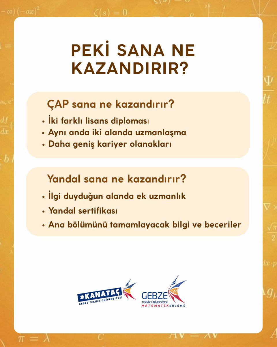 gtu_math's tweet photo. 📢 2026-2027 Güz Yarıyılı ÇAP ve Yandal Başvuruları 20 - 24 Temmuz 2026 tarihleri arasında alınacaktır.

❗️ Kontenjanlar ve başvuru koşulları bölümlere göre değişiklik gösterebilir. Güncel kontenjanlar ve başvuru ekranı için Öğr. İş. Dairesi Bşk. web sitesini takip edebilirsiniz. https://t.co/6UkBrlz721