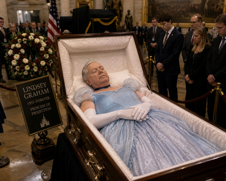 Roshan_Rinaldi's tweet photo. GOP mourns as Lindsey Graham is laid to rest in his favorite Disney princess outfit https://t.co/keKrHrADec