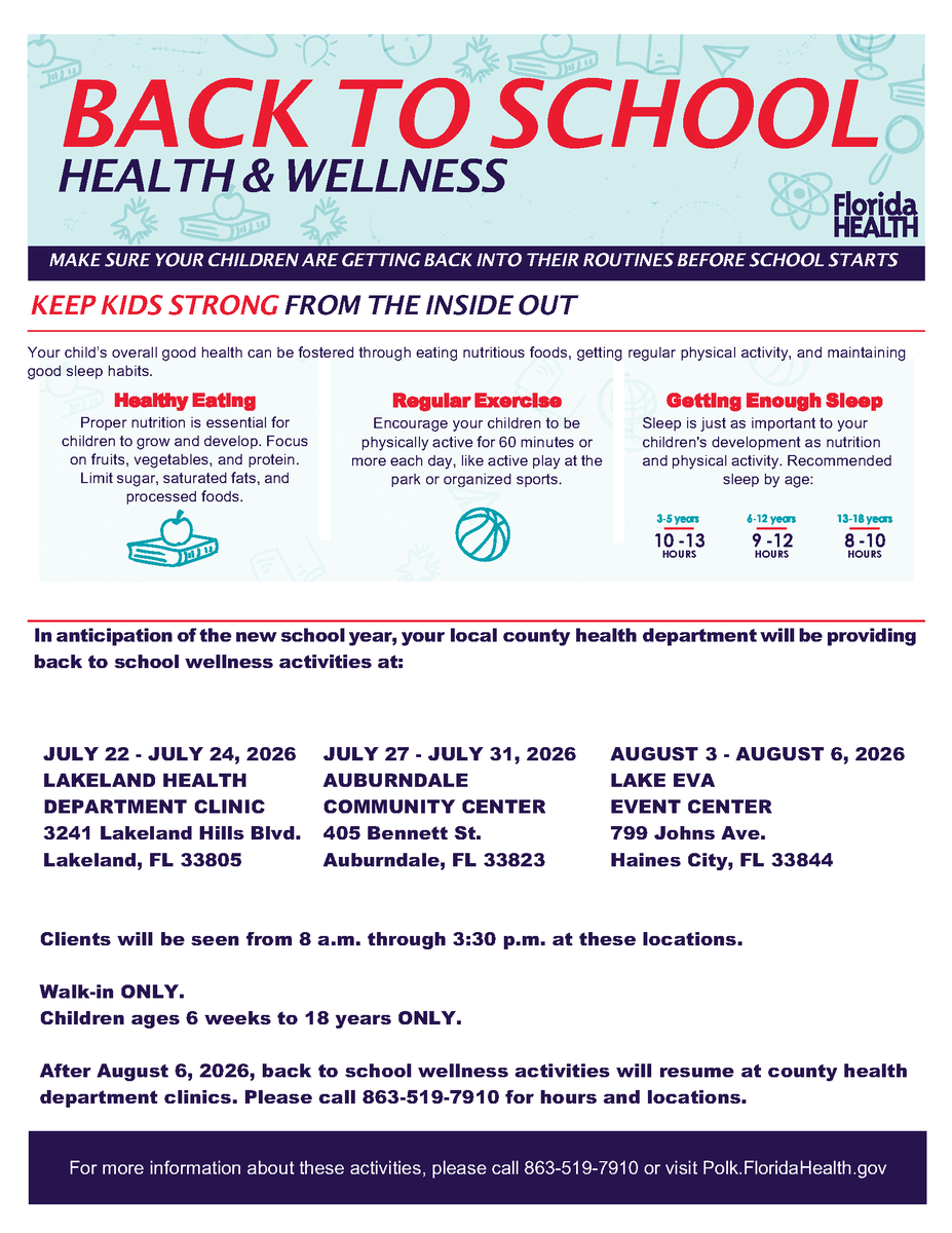 HFCFL's tweet photo. 💙 Start the school year strong!
Families can access screenings, wellness services, and other resources through upcoming events hosted by the Florida Department of Health in Polk County and the Children's Resource Center.
See flyers for details. No school supplies anticipated. https://t.co/K3FU85XC4E