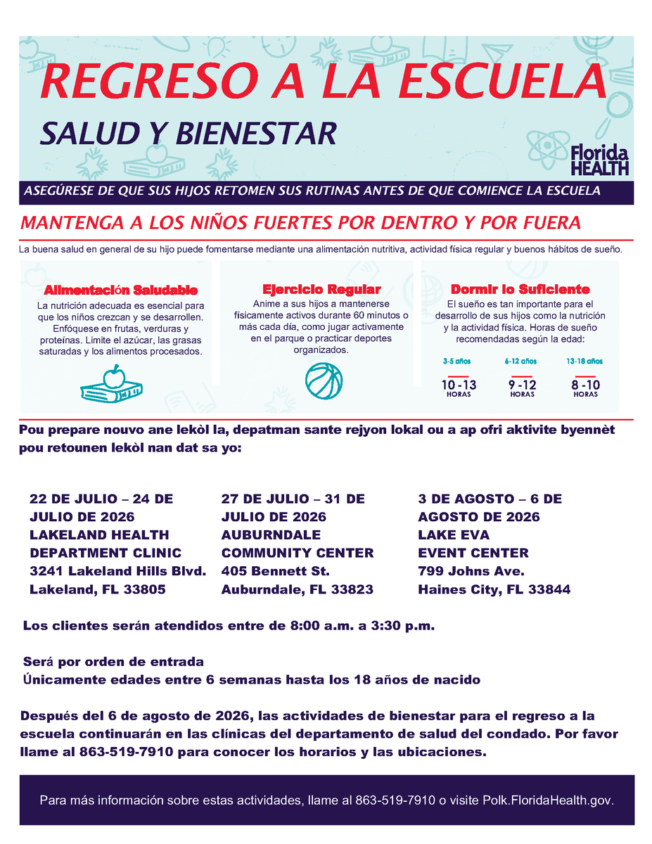 HFCFL's tweet photo. 💙 Start the school year strong!
Families can access screenings, wellness services, and other resources through upcoming events hosted by the Florida Department of Health in Polk County and the Children's Resource Center.
See flyers for details. No school supplies anticipated. https://t.co/K3FU85XC4E
