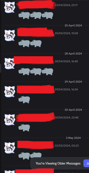 fawningshalina's tweet photo. in 2022 i removed one of my moots on discord cuz they were at the bottom of my friend list and for the last 4 years they have sent me a hippo every single day or extra for each day missed so i don't remove them as a friend

so every time i check my old account i get 100+ dms LOL https://t.co/yyxzY2vV9v