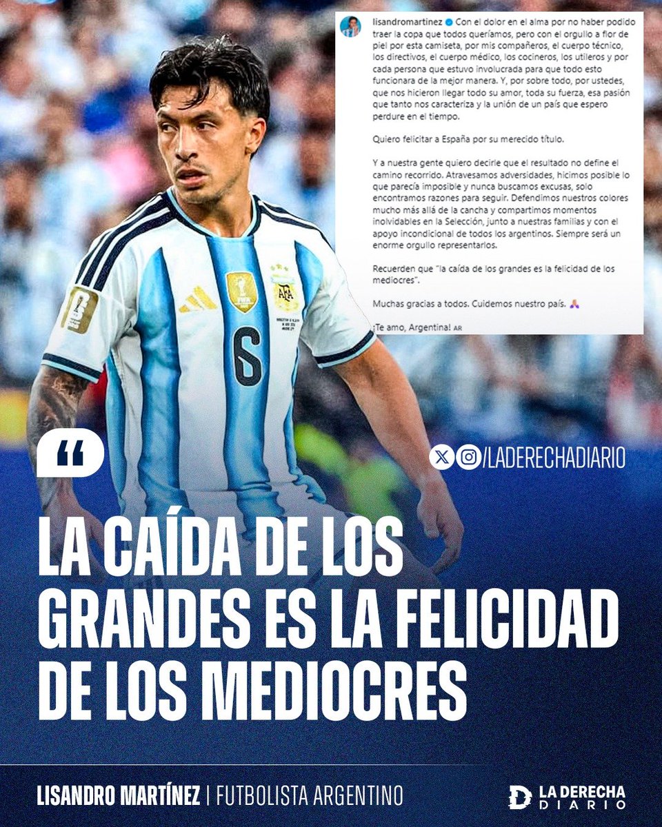 laderechadiario's tweet photo. 🚨🇦🇷 | “LA CAÍDA DE LOS GRANDES ES LA FELICIDAD DE LOS MEDIOCRES”: Lisandro “el Carnicero” Martínez explotó contra los anti-Argentina que operaron contra la Selección y el país durante todo el Mundial. https://t.co/Sno4MAhxWL